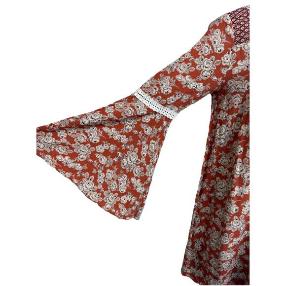 Women's Tunic Top Sz M Brown Floral 3/4 Sleeves Boho Cottagecore Hippie - Picture 4 of 15